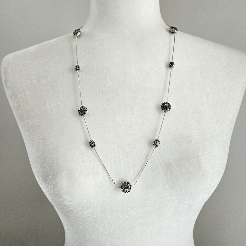 Trifari Vintage Necklace Silvertone Long Chain Medallion Charm Classic Retro 30"